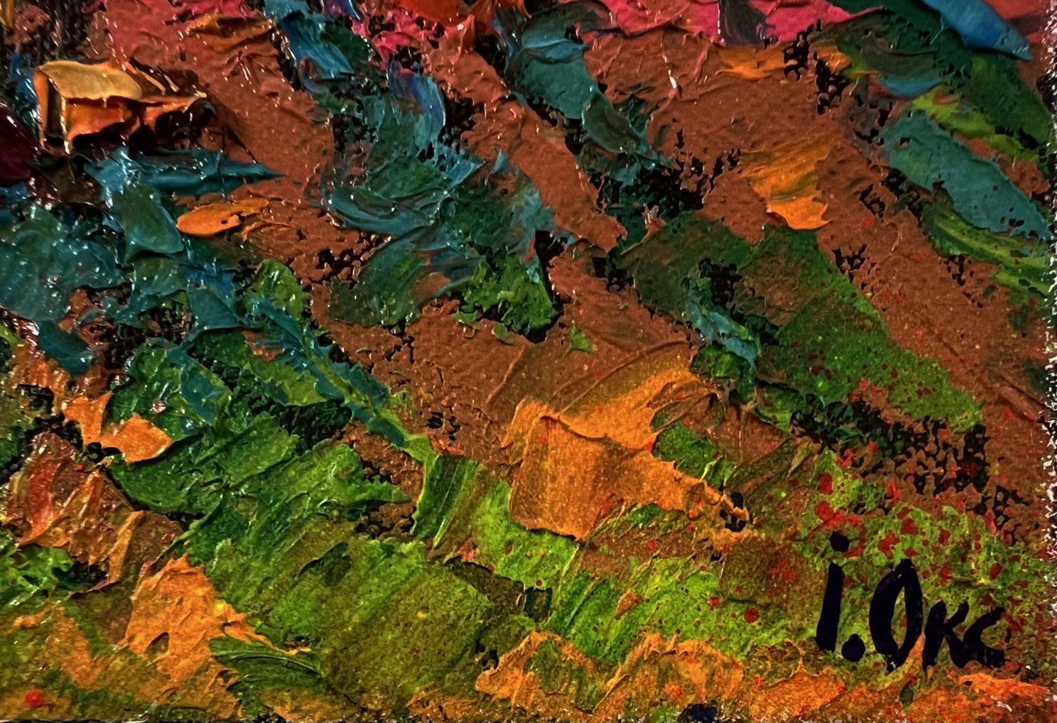 Oil painting Autumn evening in the field by Oksana Ivanyuk, impasto green and teal