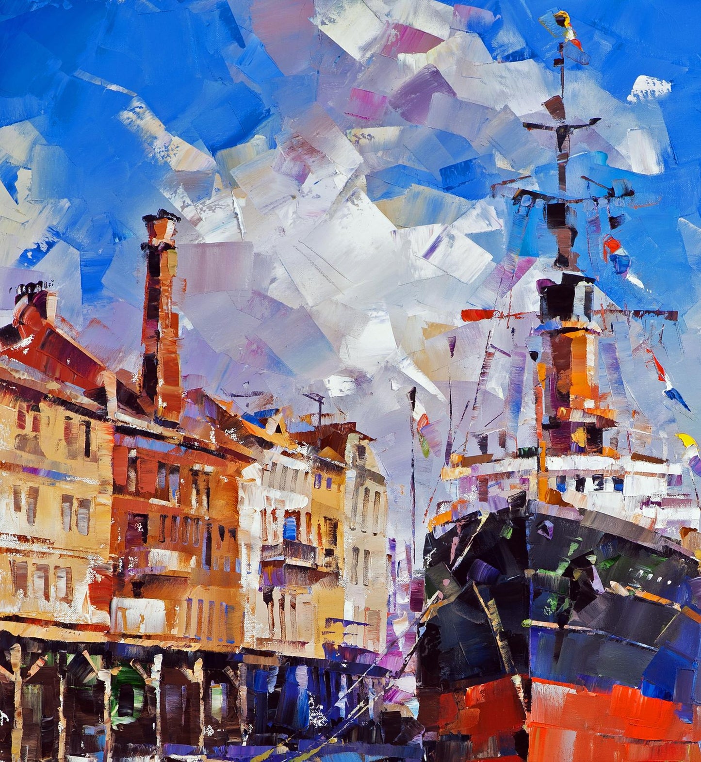 Vibrant abstract oil painting Between two banks Volodymyr Gluhomanyuk harbor scene