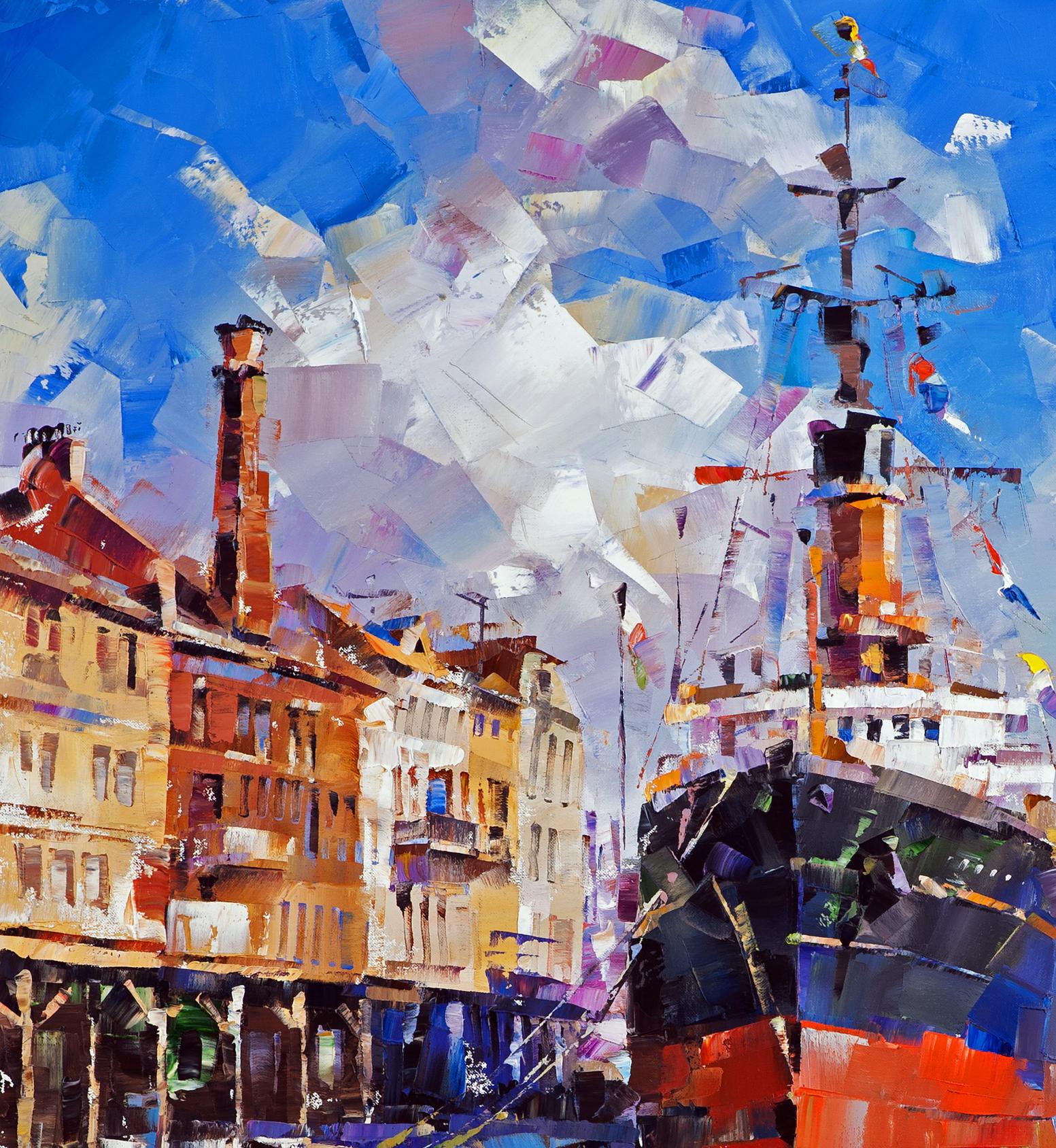 Vibrant abstract oil painting Between two banks Volodymyr Gluhomanyuk harbor scene