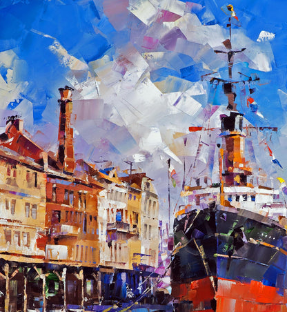 Vibrant abstract oil painting Between two banks Volodymyr Gluhomanyuk harbor scene