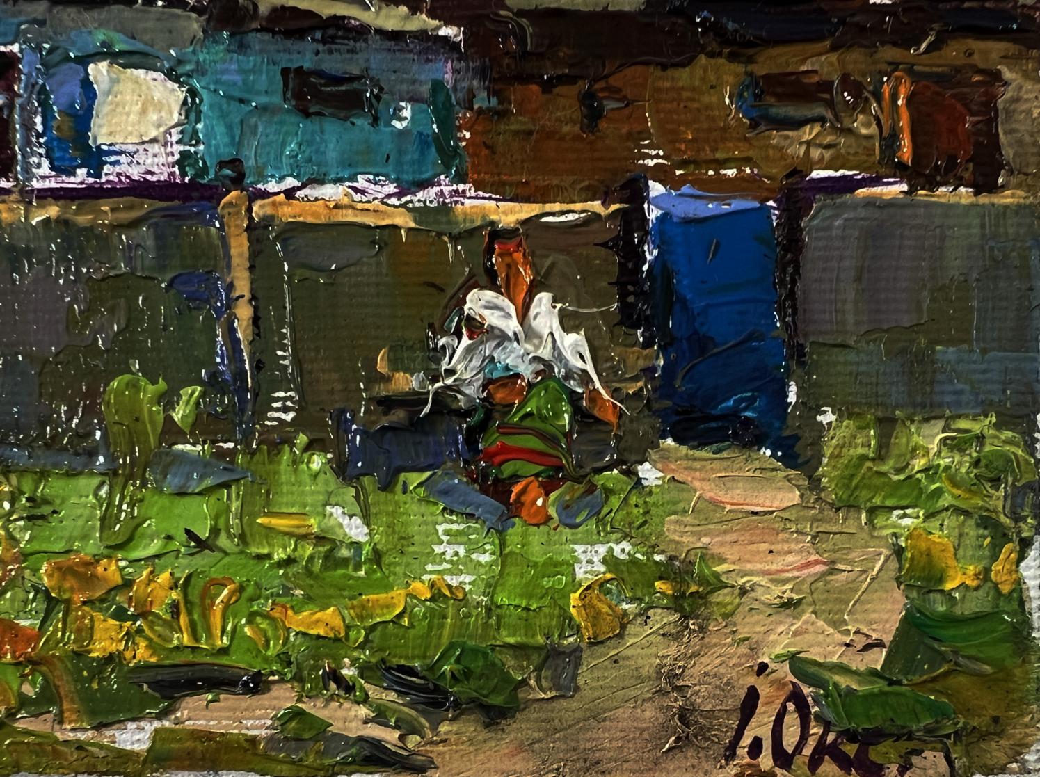 Oil painting Warm day in the village by Oksana Ivanyuk, impressionistic figure in green red attire