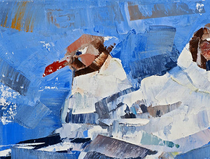 Oil painting Friendly bird walk by Volodymyr Gluhomanyuk: stylized seagull