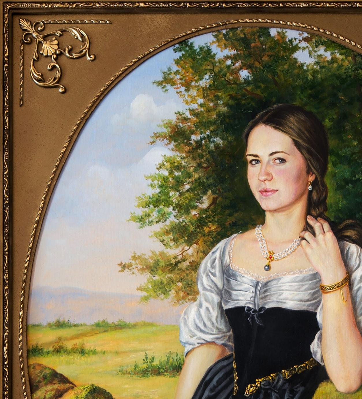 Oil painting portrait of Maria Valeriy Bulat in ornate gold frame