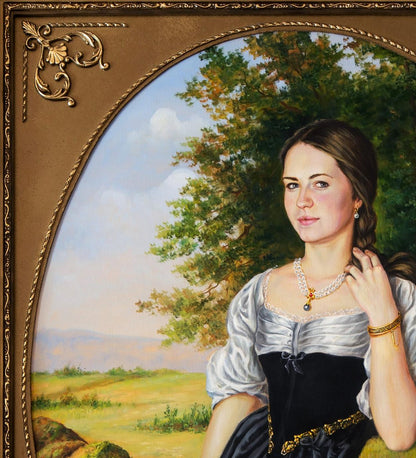 Oil painting portrait of Maria Valeriy Bulat in ornate gold frame