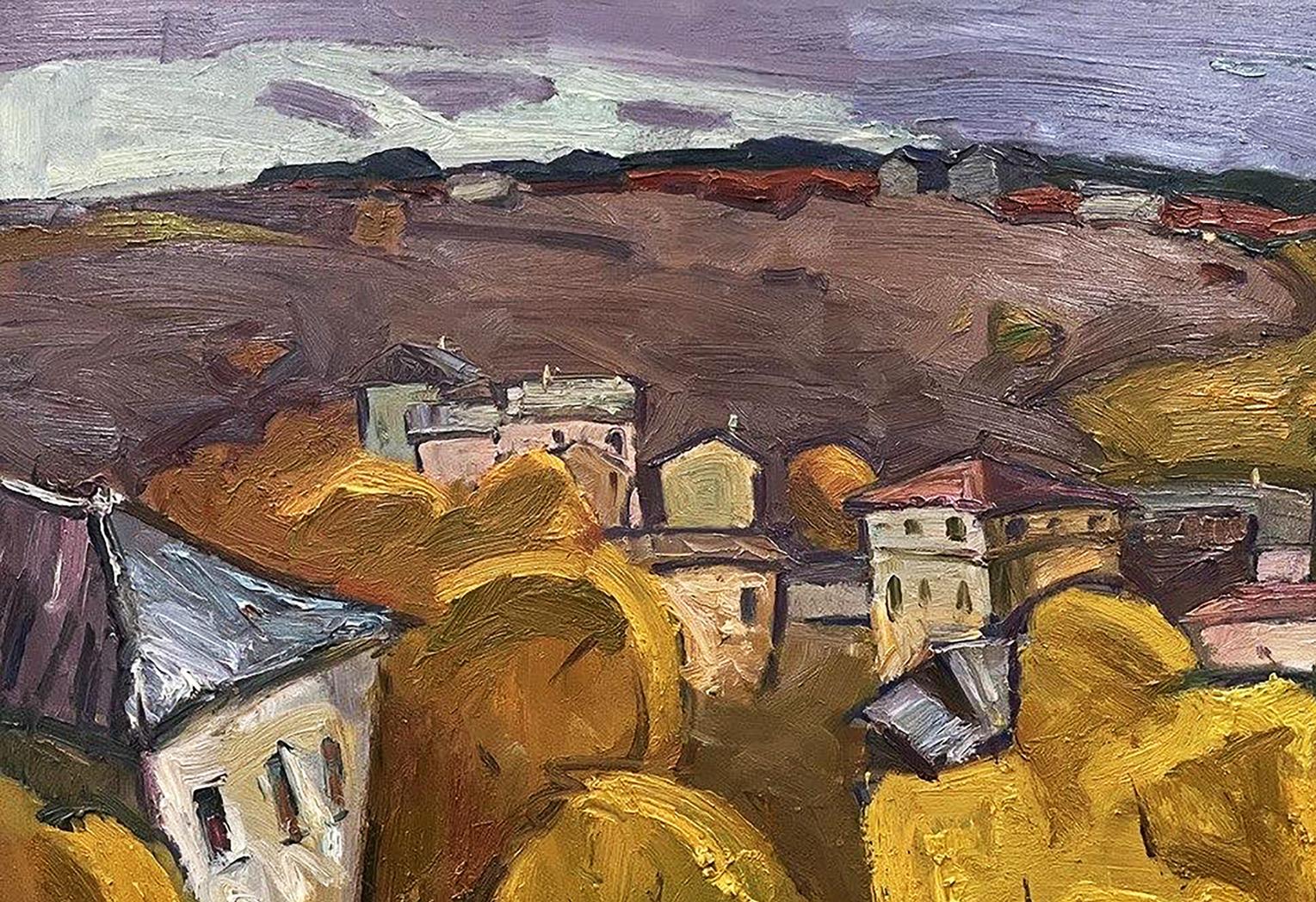 Oil painting Autumn trees by Oleksandr Andreev: autumn village in hills