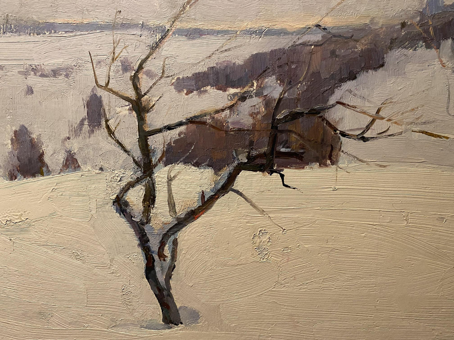 Oil painting Winter landscape by Georgiy Petrov: solitary tree in snow