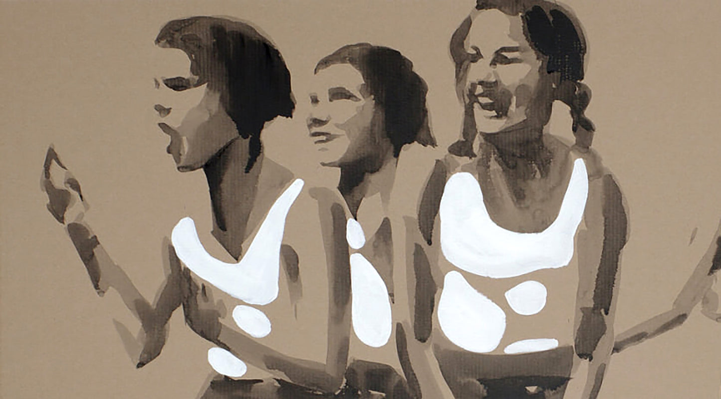 Three stylized women in white tank tops, Dima Filatov childhood happiness acrylic painting