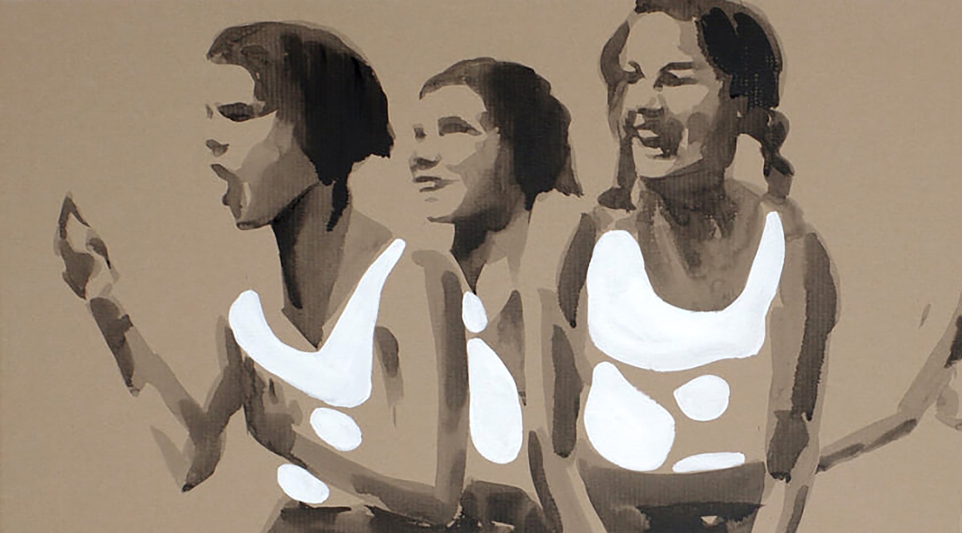 Three stylized women in white tank tops, Dima Filatov childhood happiness acrylic painting