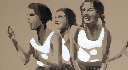 Three stylized women in white tank tops, Dima Filatov childhood happiness acrylic painting