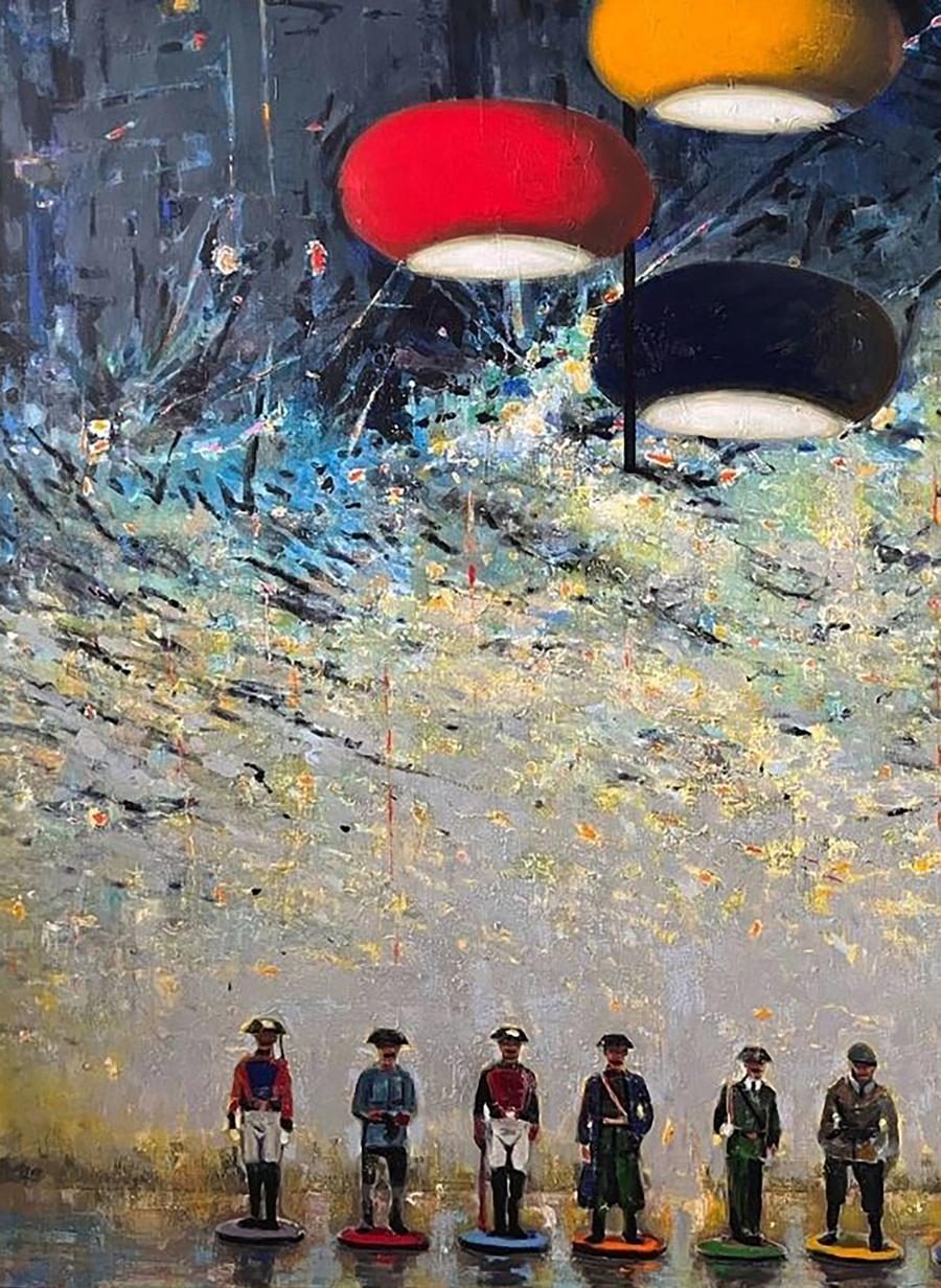 Oil painting by Juan Angel Gonzalez de la Calle: three colorful circular pendant lights above miniature figurines