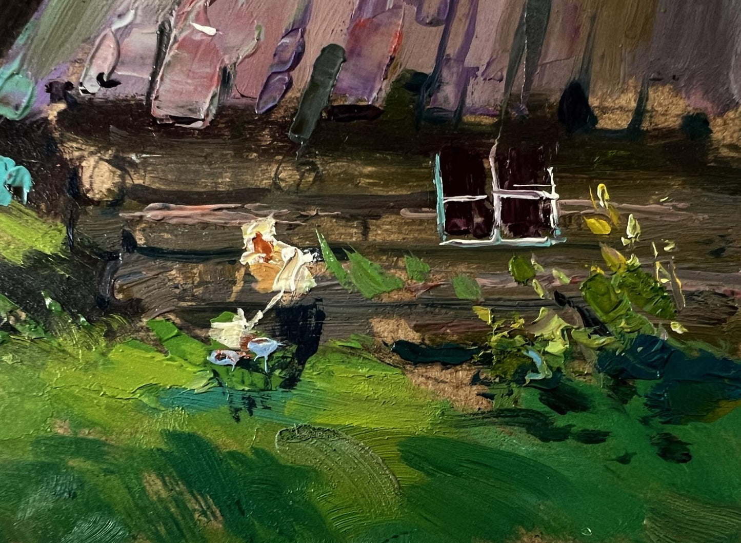 Oil painting of rustic wooden house with purple roof by Yuriy Suprunchuk