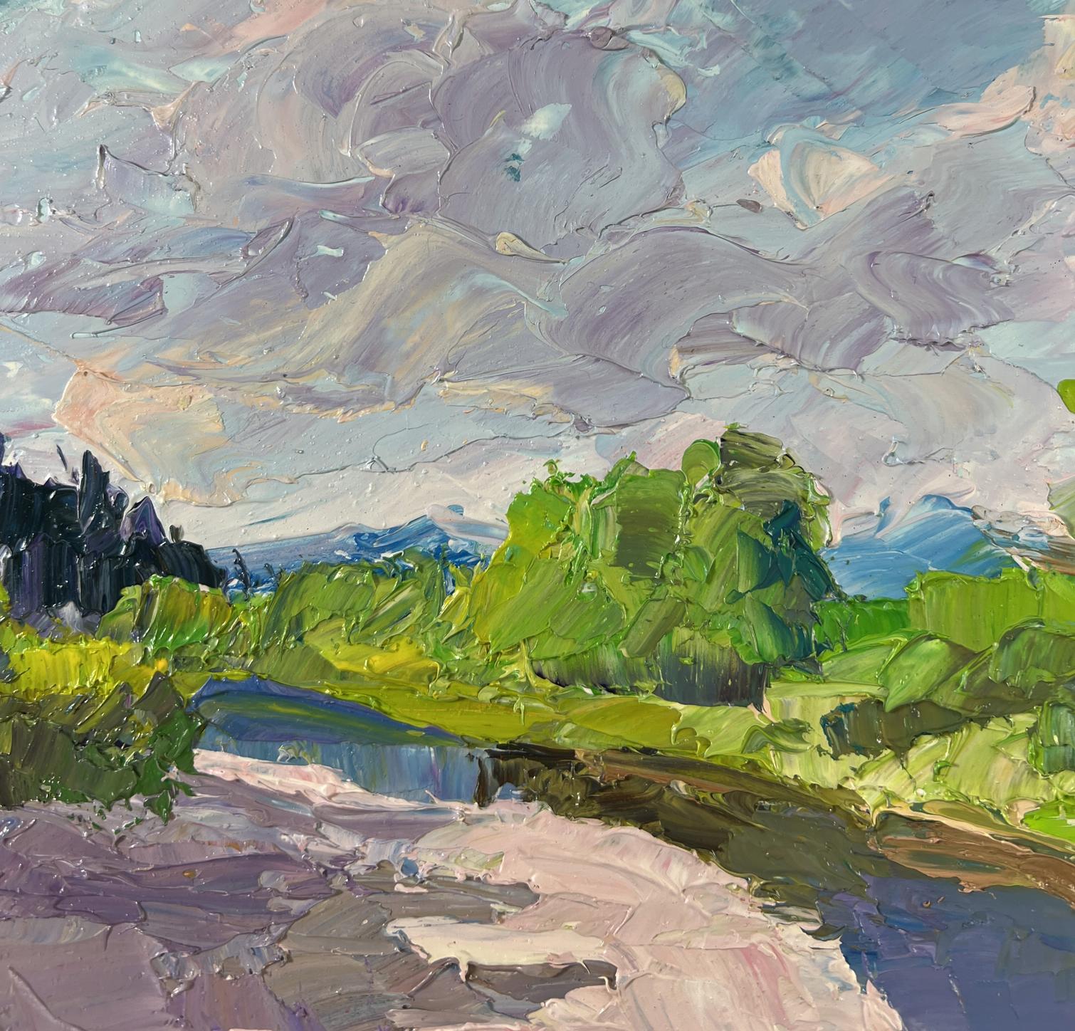 Impasto oil painting by Boris Serdyuk: textured green foliage, waterway, clouds