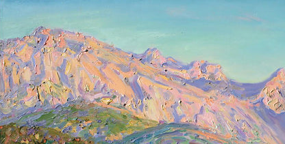 Oil painting Southern morning by Leonid Pavlenko, rugged mountains in pink hues