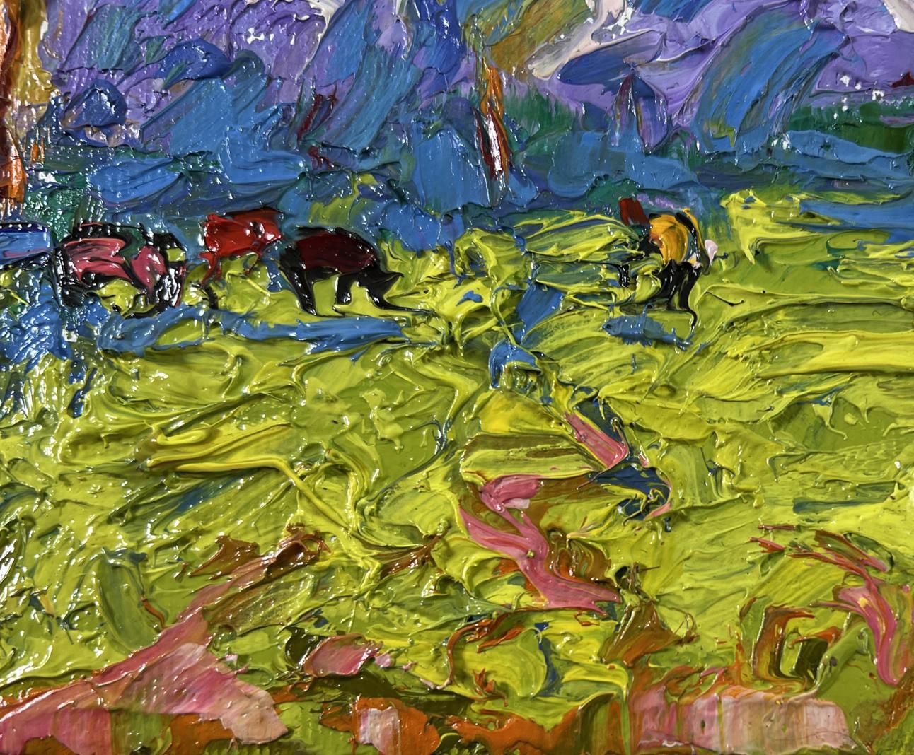 Vibrant Spring on the Meadows oil painting by Oleksiy Ivanyuk with green grass and purple mountains