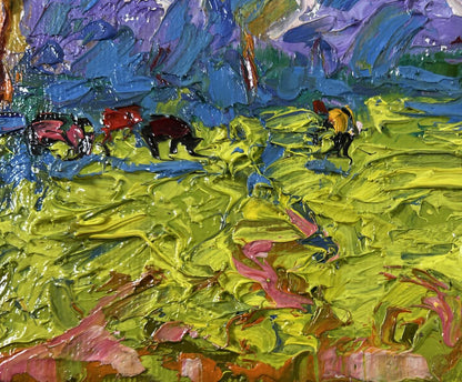 Vibrant Spring on the Meadows oil painting by Oleksiy Ivanyuk with green grass and purple mountains