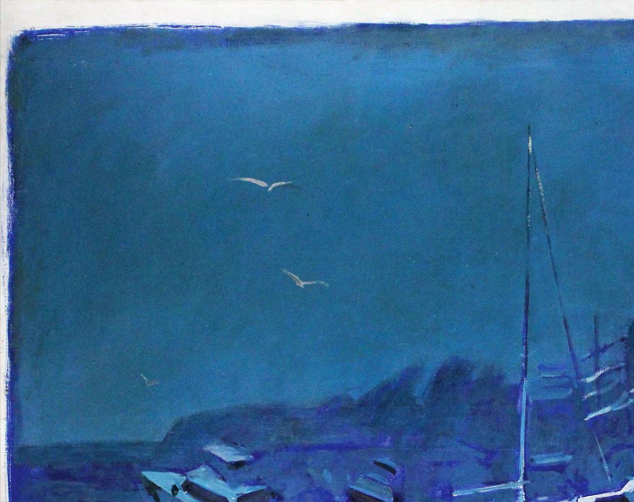 Oil painting by ENDRY Ed Potapenkov: tall slender sailboat mast against deep blue sky