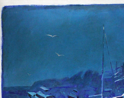 Oil painting by ENDRY Ed Potapenkov: tall slender sailboat mast against deep blue sky