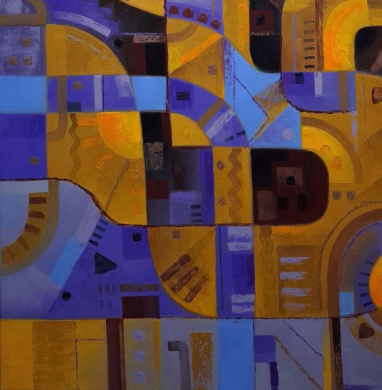Oil painting Light lines by Sergiy Voichenko: bold geometric shapes in yellow, purple, blue