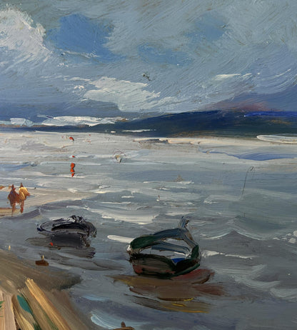 Oil painting of boats on river bank by Yuriy Suprunchuk