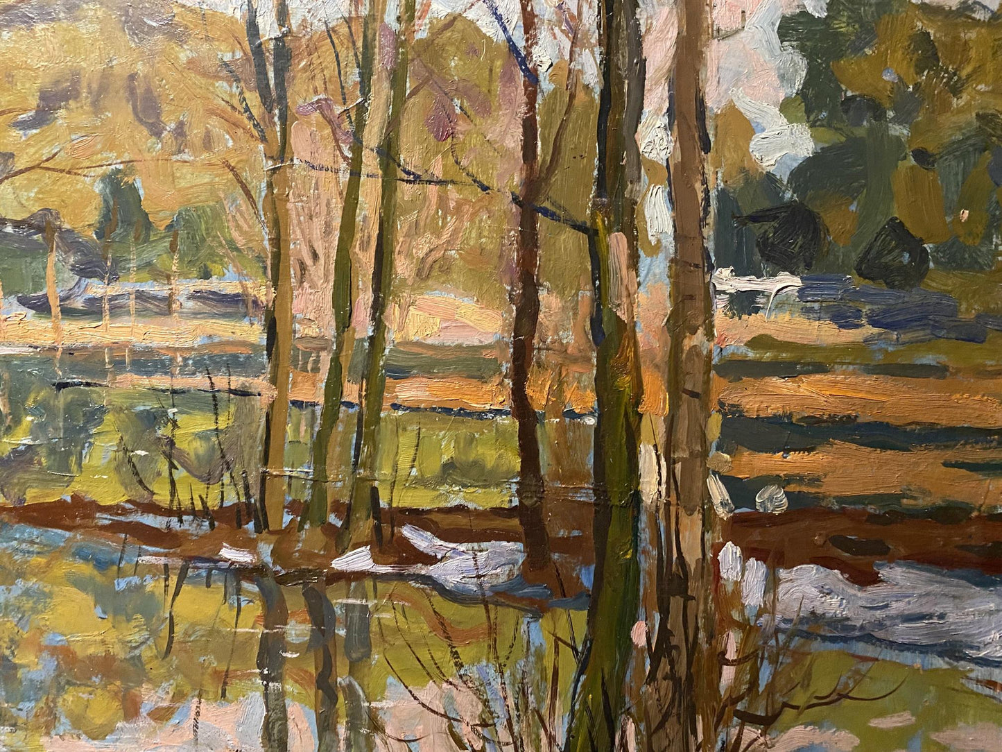 Impressionistic oil painting Spring flood by Boris Talko bare trees frozen pond