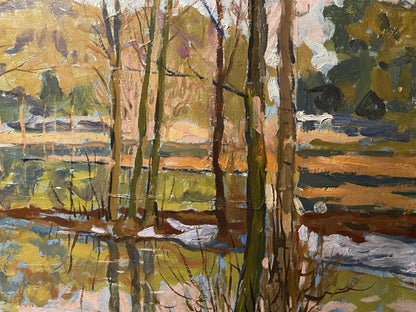 Impressionistic oil painting Spring flood by Boris Talko bare trees frozen pond