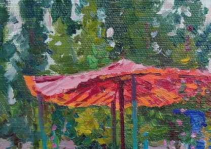Vibrant red orange oil painting of Gazebo by Yury Konovalov with brushstrokes
