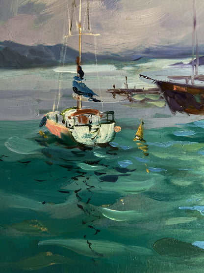 Oil painting of weathered two-toned boat in turquoise water by Yuriy Suprunchuk