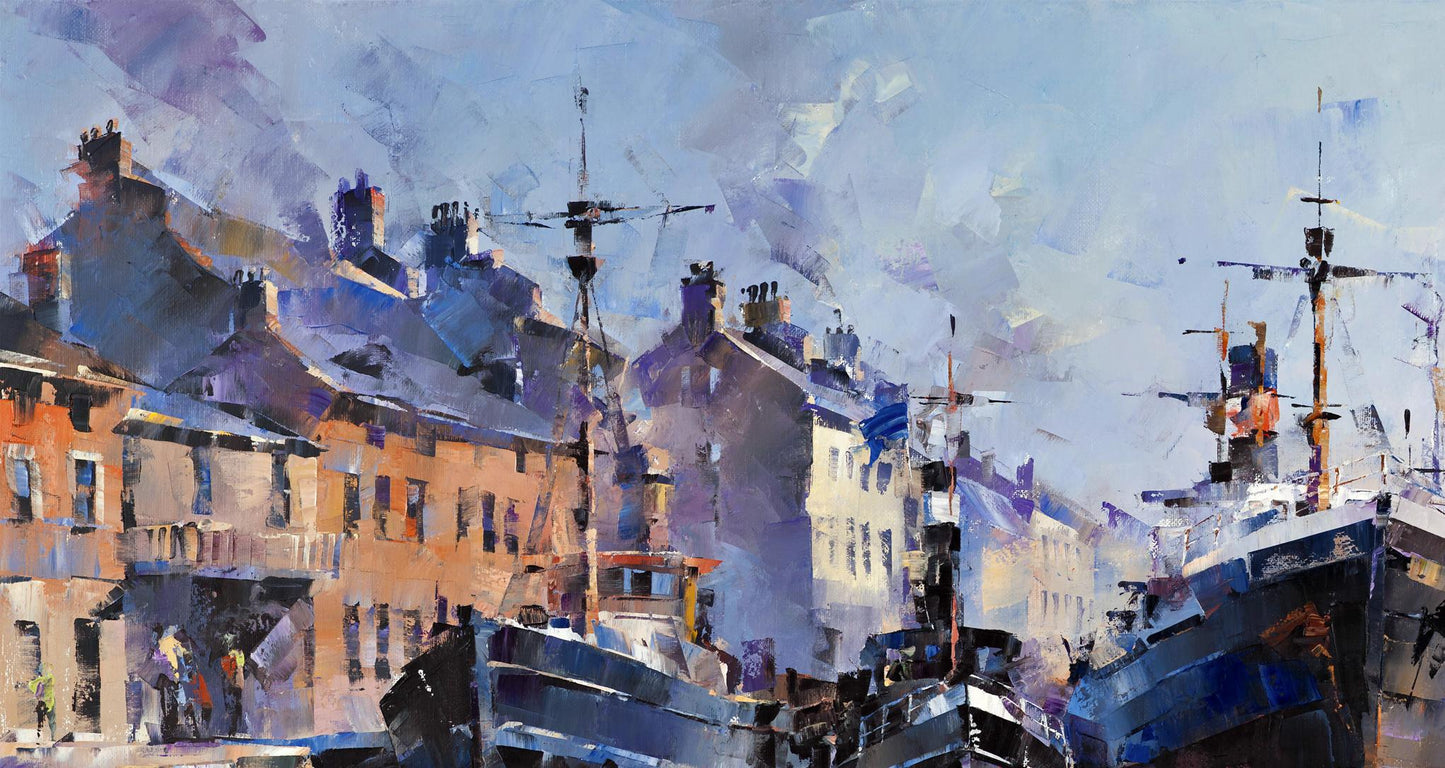 A stylized painting of a harbor scene with buildings and ships rendered in textured brushstrokes.