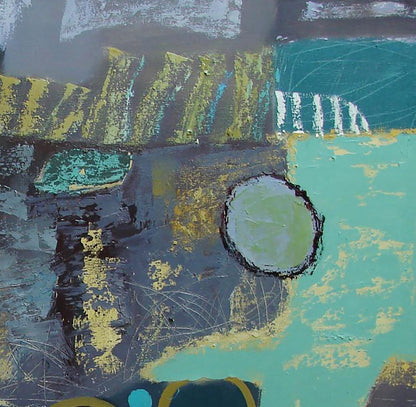 Oil painting Find your treasure in abstraction by Tatyana Shulyak in teal, yellow, gray