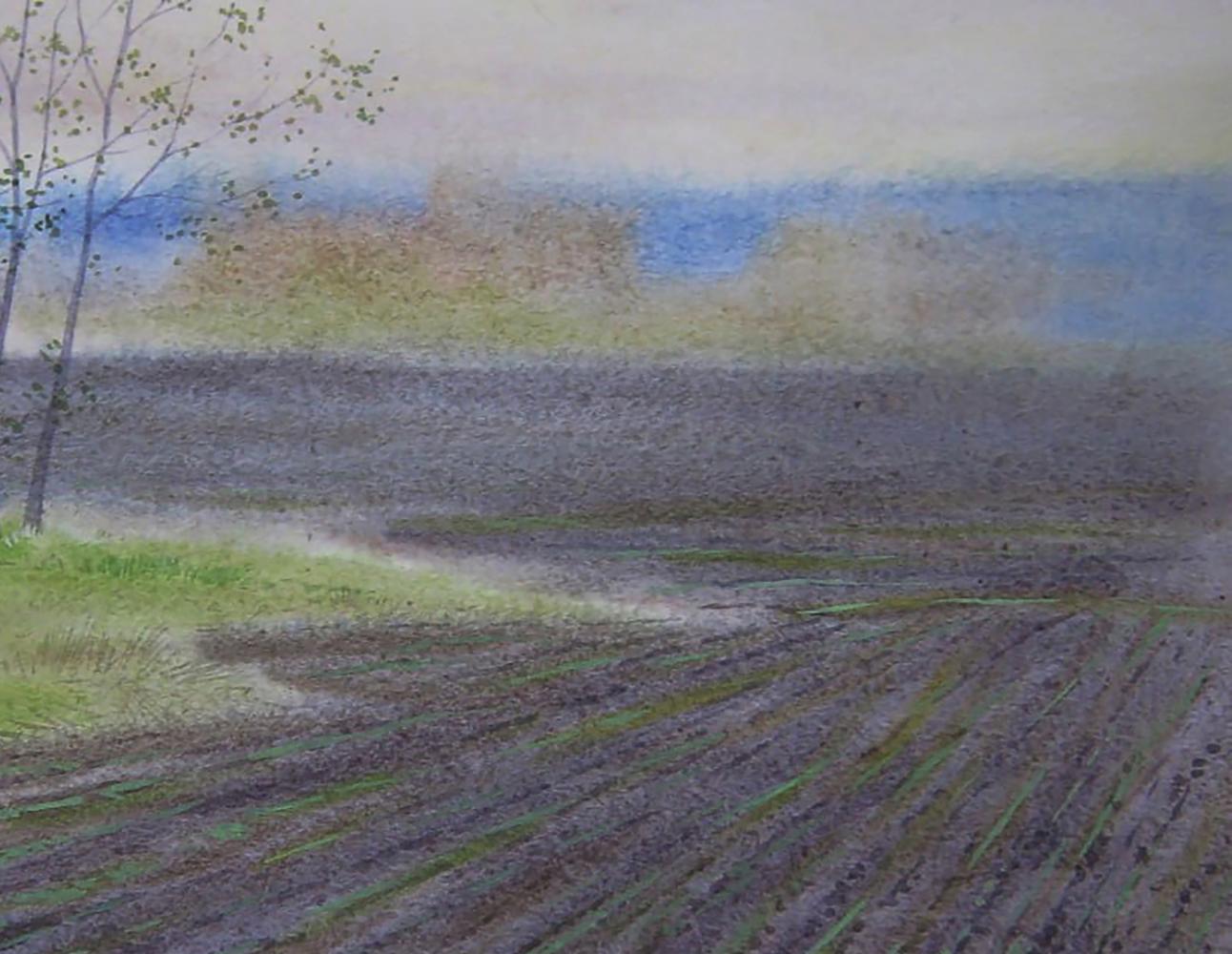 Watercolor painting of misty spring field by Valery Savenets