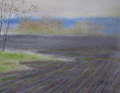 Watercolor painting of misty spring field by Valery Savenets