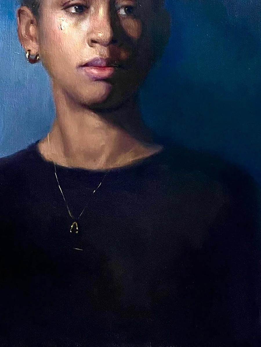 Oil painting portrait of Ruby Annam Butt wearing delicate gold pendant necklace