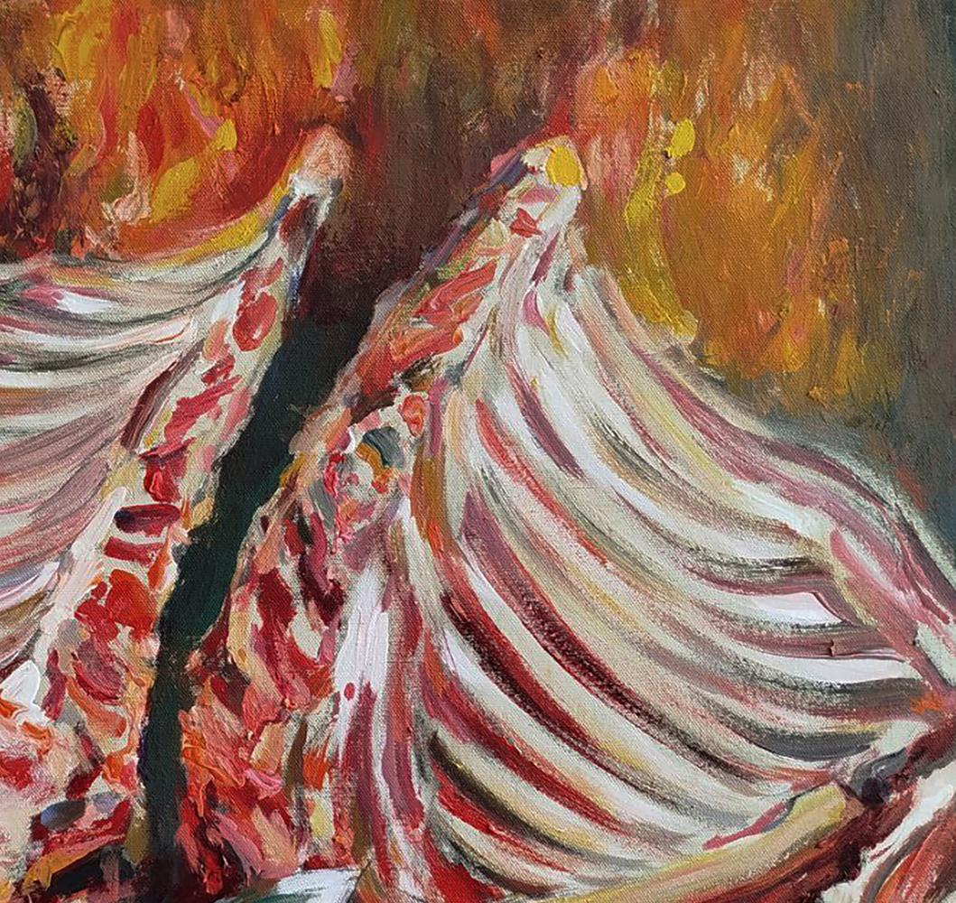 Acrylic painting Cutting meat by Leonid Pavlenko: textured ribcage in red white on orange brown