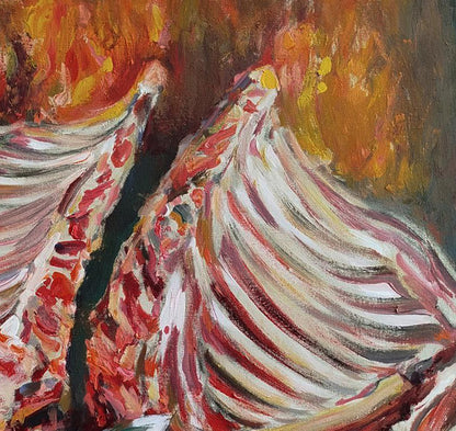Acrylic painting Cutting meat by Leonid Pavlenko: textured ribcage in red white on orange brown