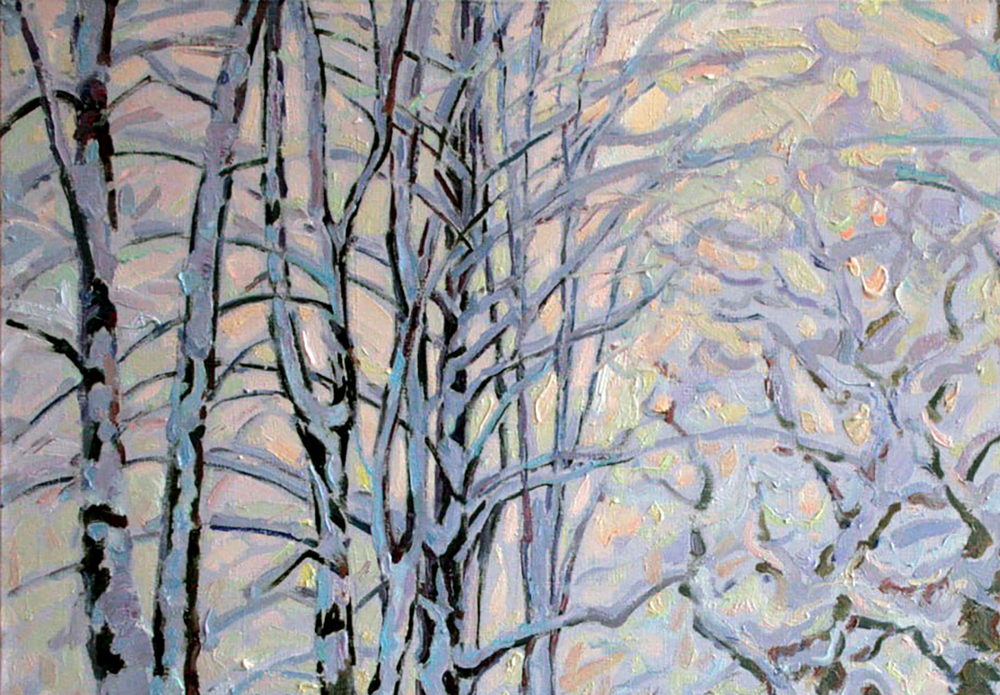 Winters Tale oil painting by Leonid Pavlenko: snow-dusted birch trees