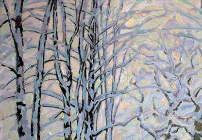 Winters Tale oil painting by Leonid Pavlenko: snow-dusted birch trees