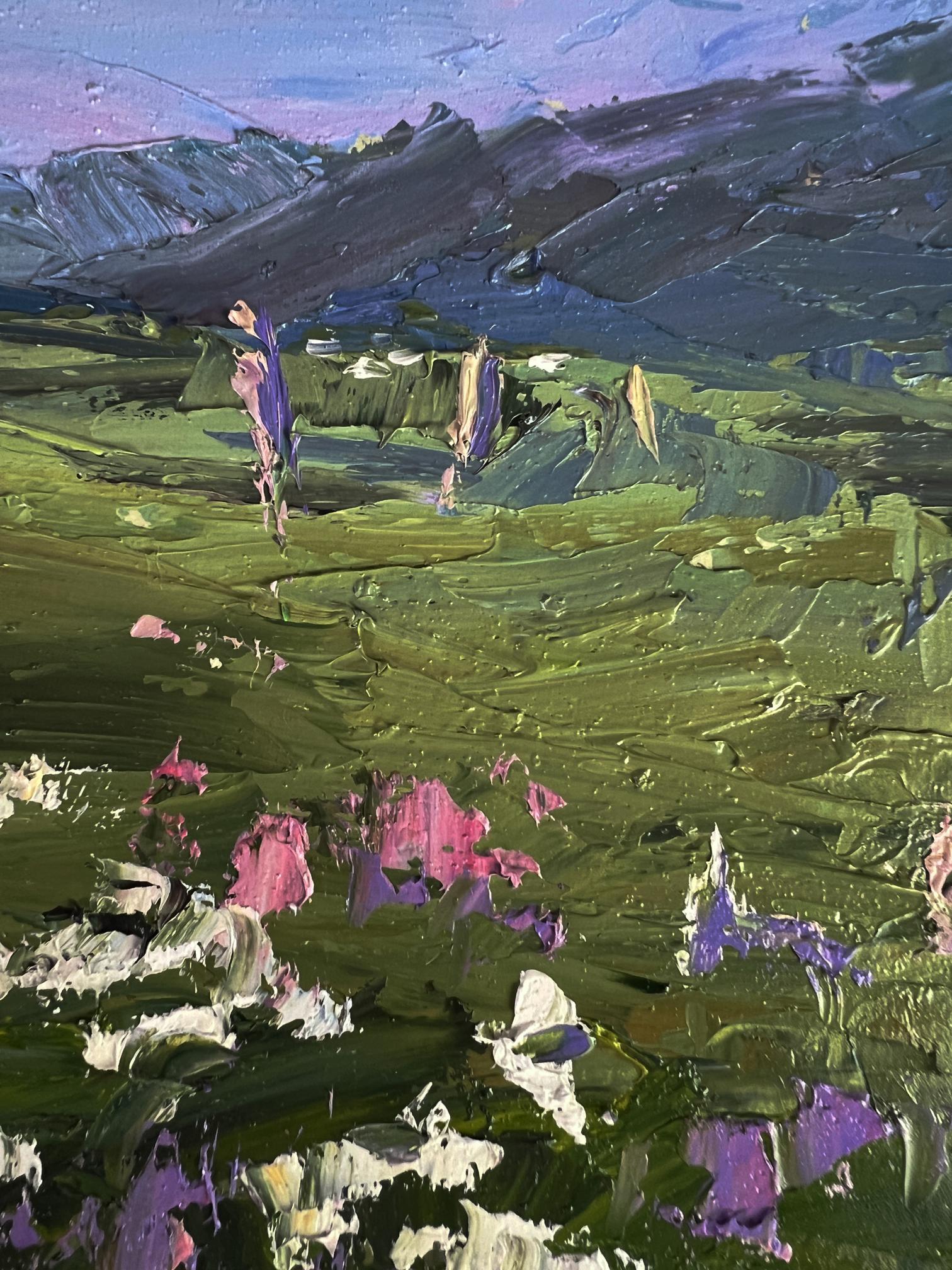 Textured impressionist oil painting of flowering mountain fields by Boris Serdyuk