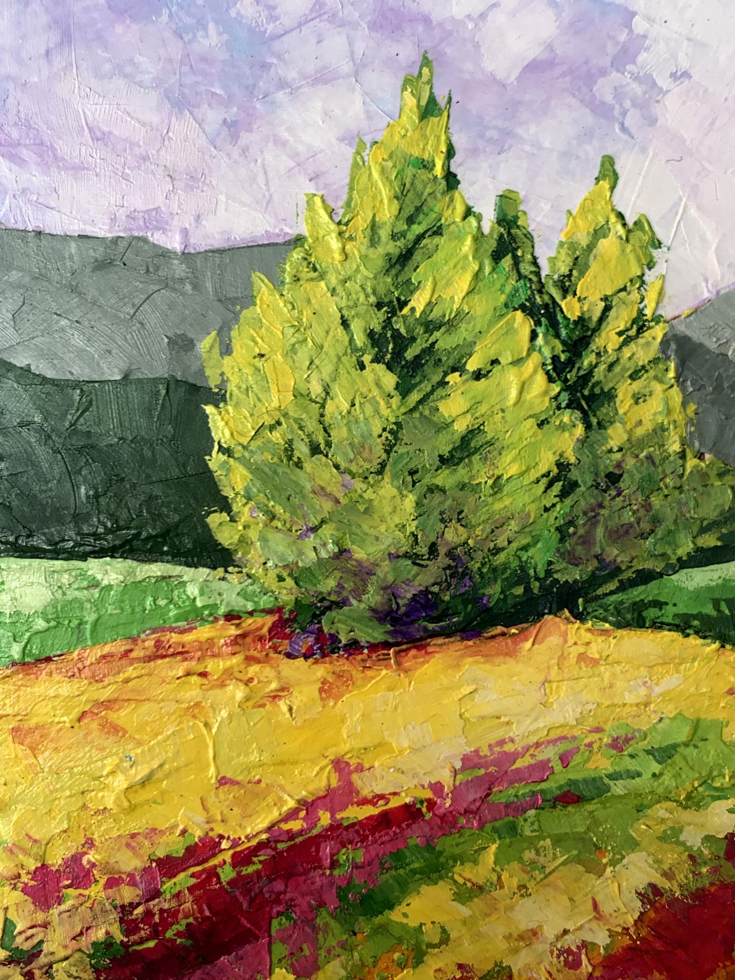 Oil painting Road to the mountains V. Zadorozhnya: vibrant green yellow coniferous tree