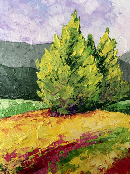 Oil painting Road to the mountains V. Zadorozhnya: vibrant green yellow coniferous tree