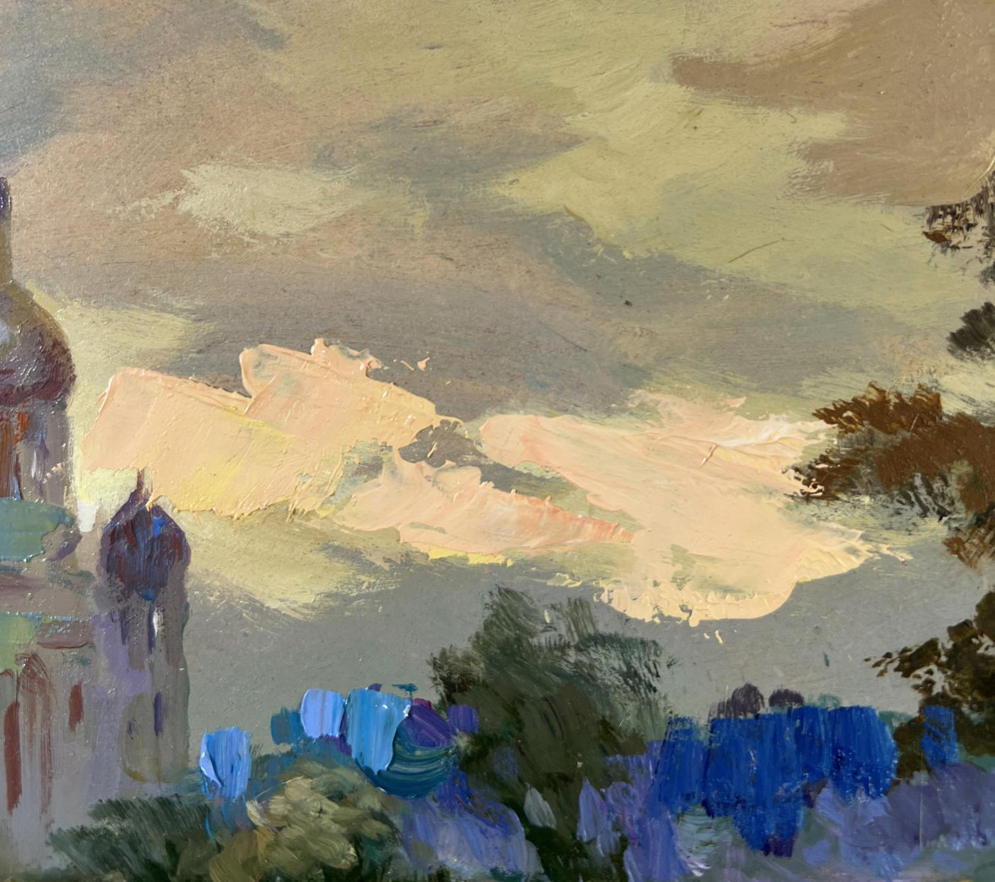 Impressionistic oil painting of church over river by Yuriy Suprunchuk