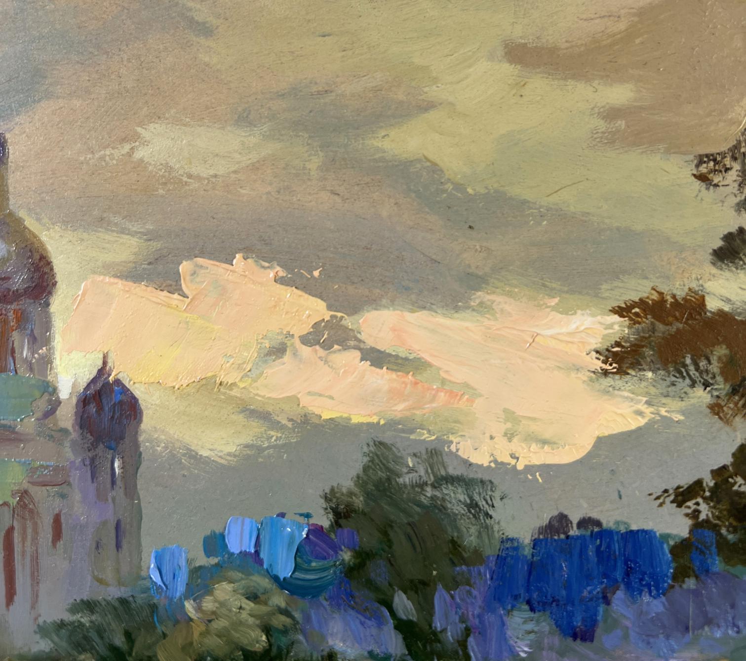 Impressionistic oil painting of church over river by Yuriy Suprunchuk