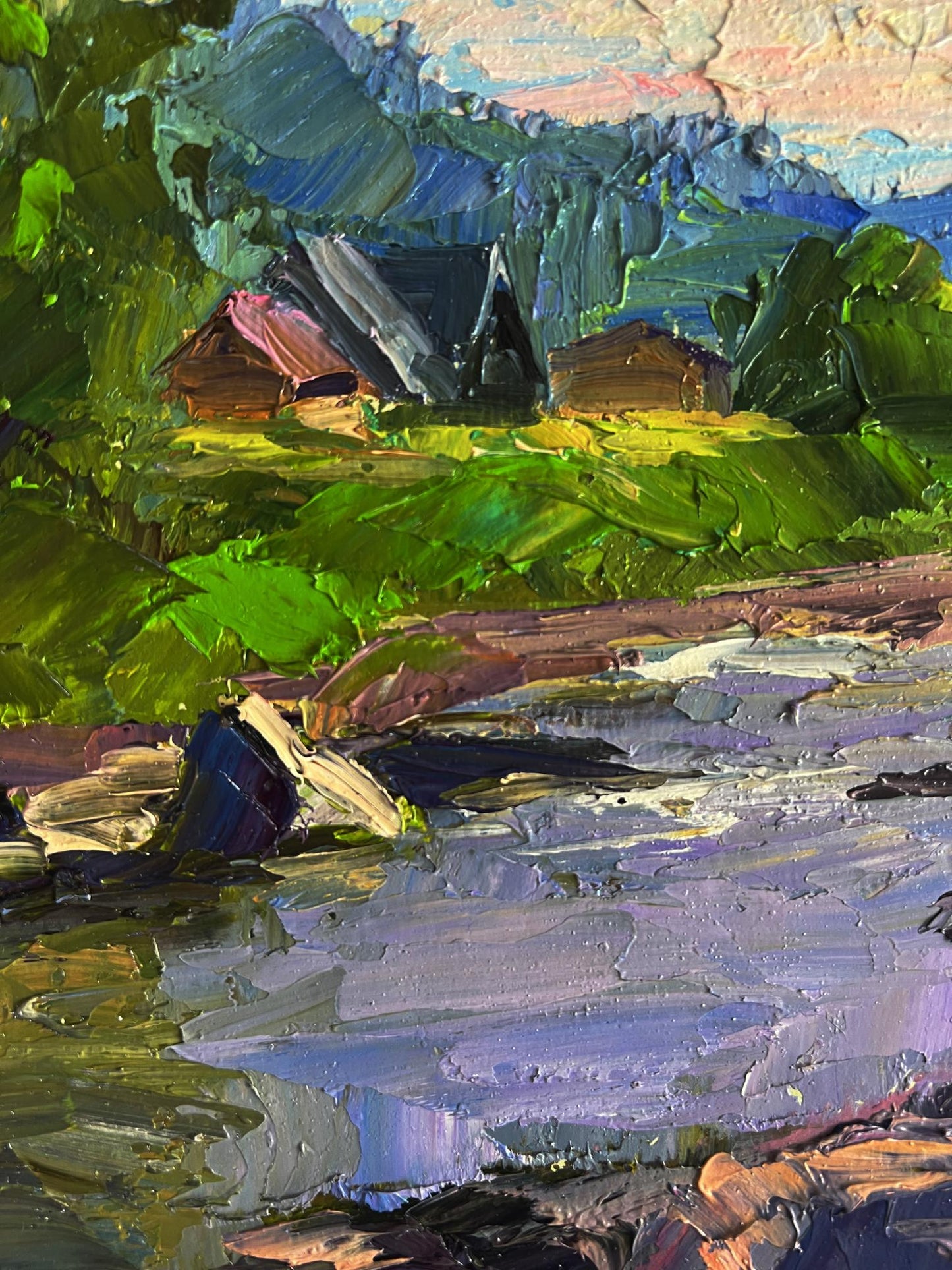 Oil painting Near a mountain stream by Boris Serdyuk with rustic houses