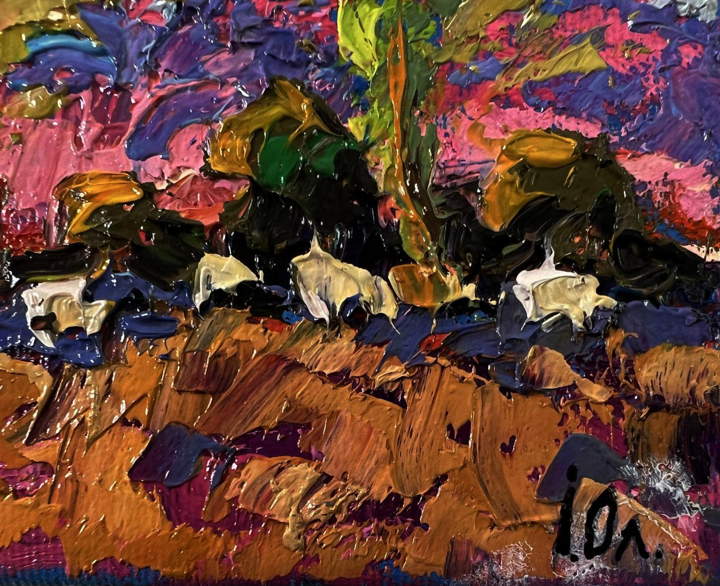 Vibrant impressionist oil painting Meadow with animals by Oleksiy Ivanyuk