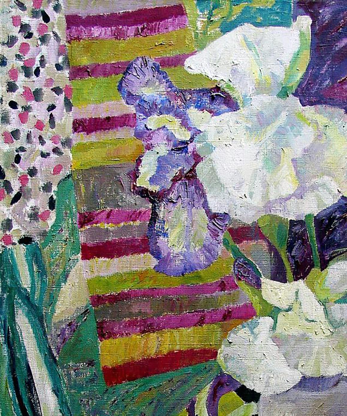 Vibrant purple white irises oil painting by Tatyana Shulyak textured brushstrokes