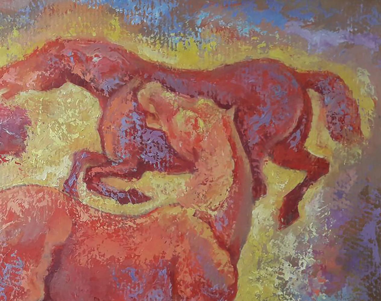 Vibrant red orange horses running in circles oil painting by Vasily Korkishko