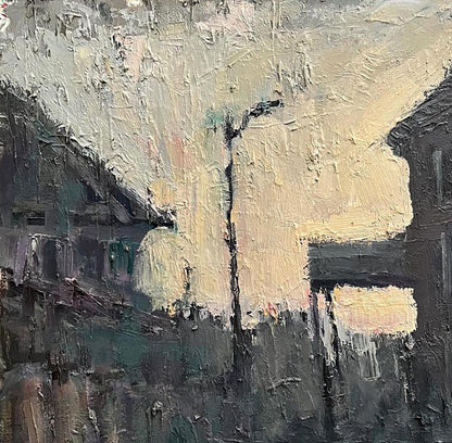 Oil painting Old town by Volodymyr Pashchenko textured impasto grays