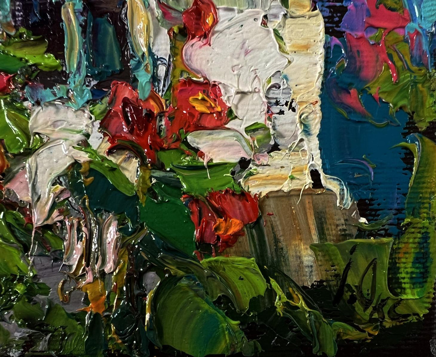 Oil painting Flowers near the house by Oksana Ivanyuk, vibrant red green florals