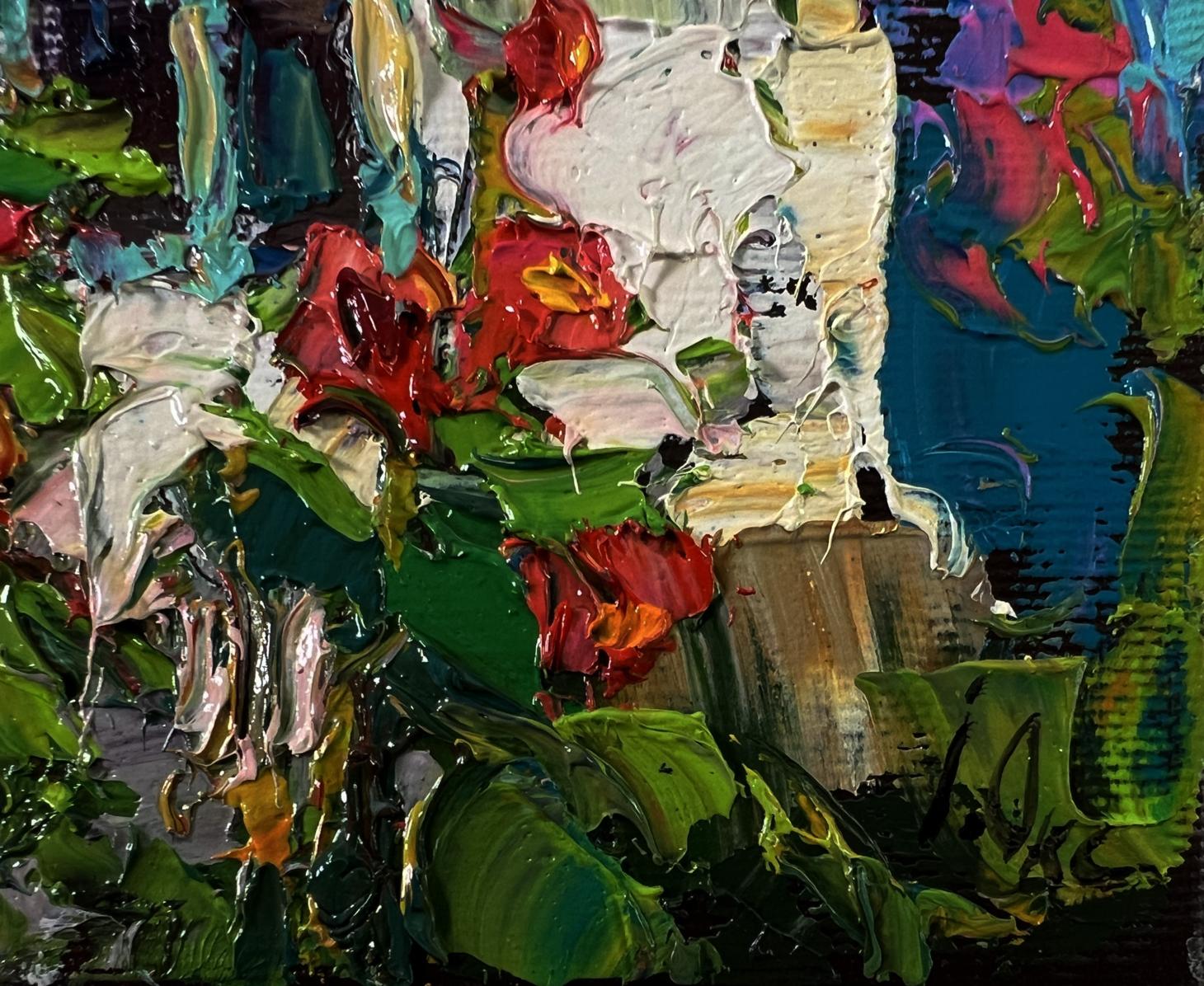 Oil painting Flowers near the house by Oksana Ivanyuk, vibrant red green florals