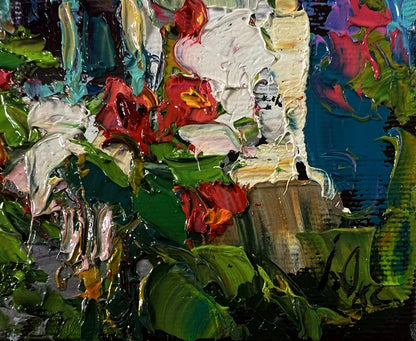 Oil painting Flowers near the house by Oksana Ivanyuk, vibrant red green florals