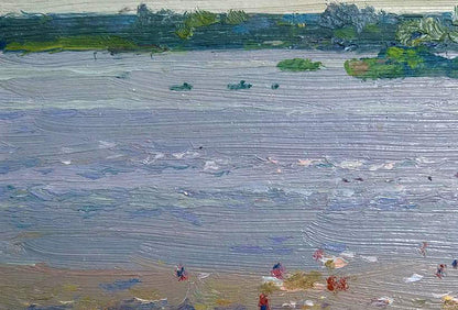 Textured impressionist oil painting of city beach river scene by Yury Konovalov